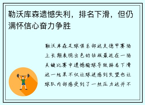 勒沃库森遗憾失利，排名下滑，但仍满怀信心奋力争胜