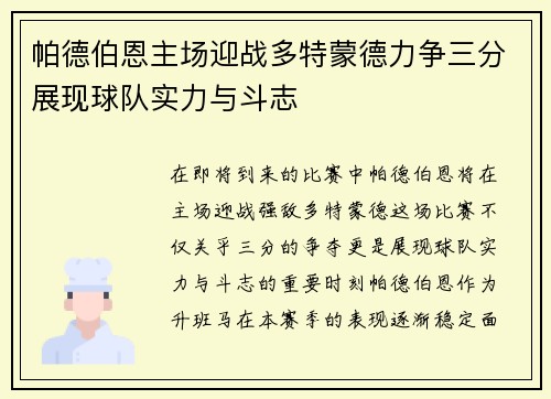 帕德伯恩主场迎战多特蒙德力争三分展现球队实力与斗志